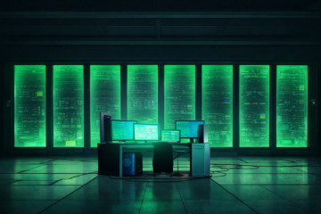 dark datacenter with array of servers behind glass