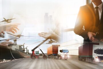 collage depicting navy hard with trucks air planes and business dealings